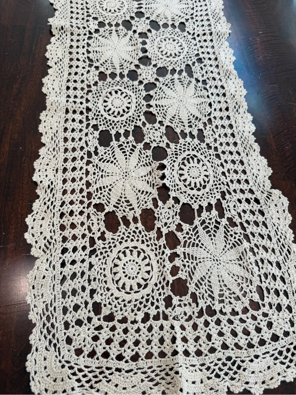 Vintage Hand-Crocheted Cream Table Runner off white 32”x13” floral Cottagecore